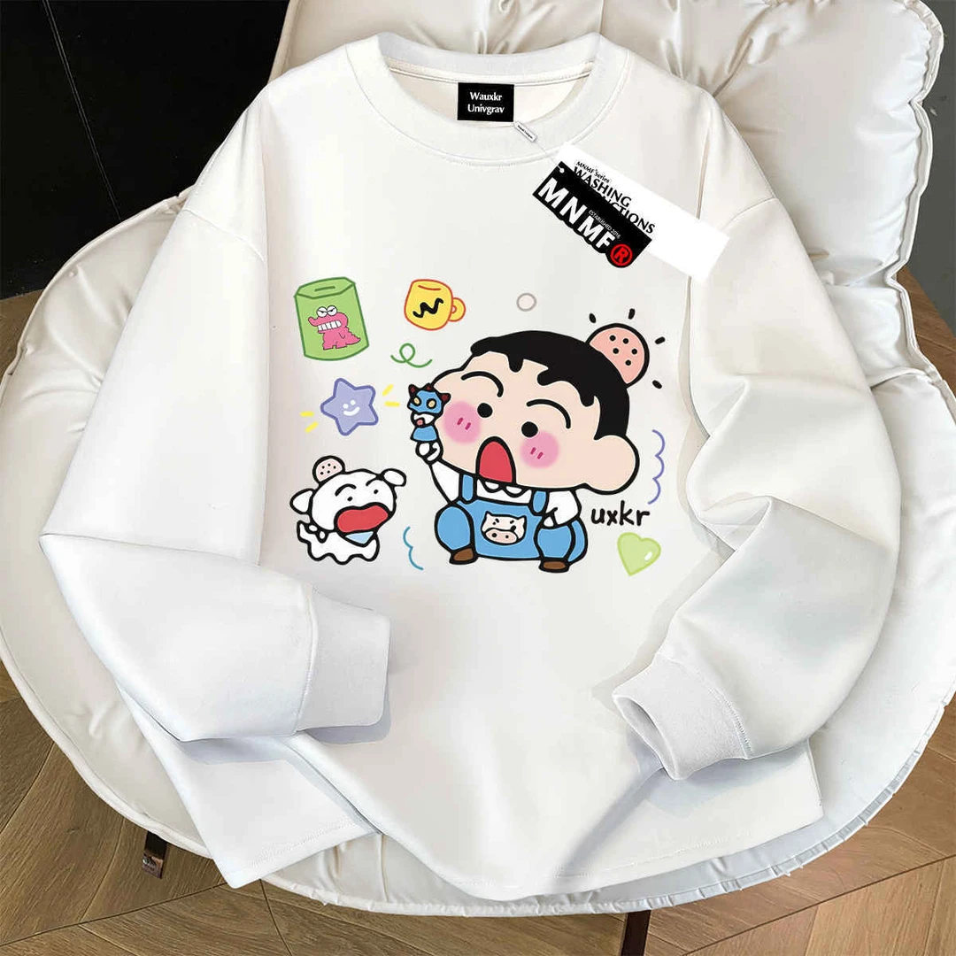 男女童卡通蜡笔小新印花秋季同款日系螺纹长袖中大童小学生上衣潮