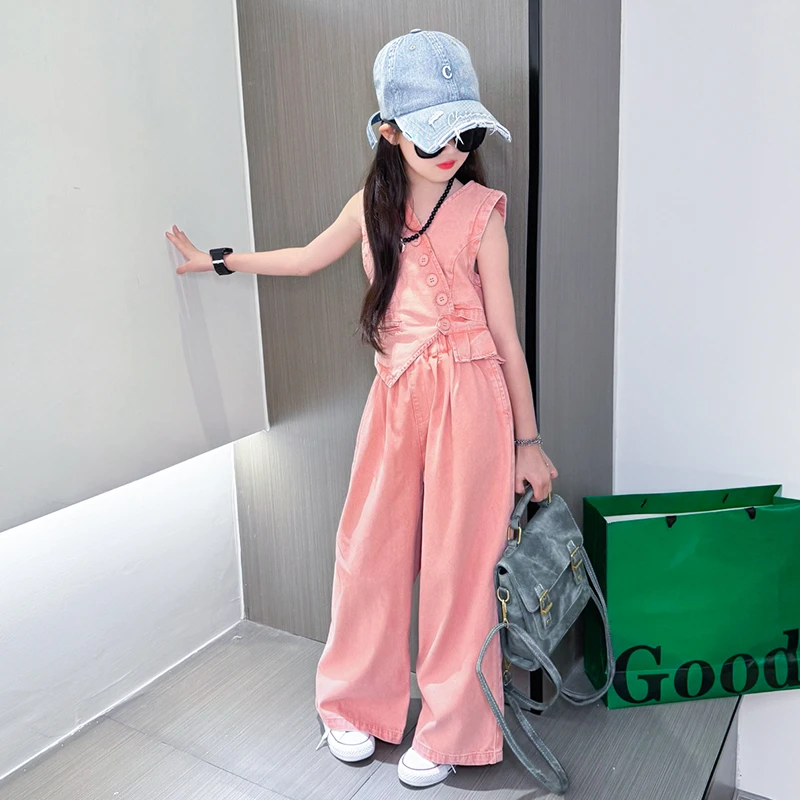 女童夏季阔腿裤套装2025女孩夏装新款洋气时髦牛仔马甲长裤两件套