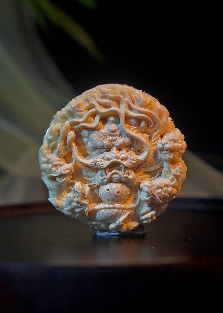 天然猛犸牙/手工雕刻作品/五龙饼/特色白冰料/文玩收藏