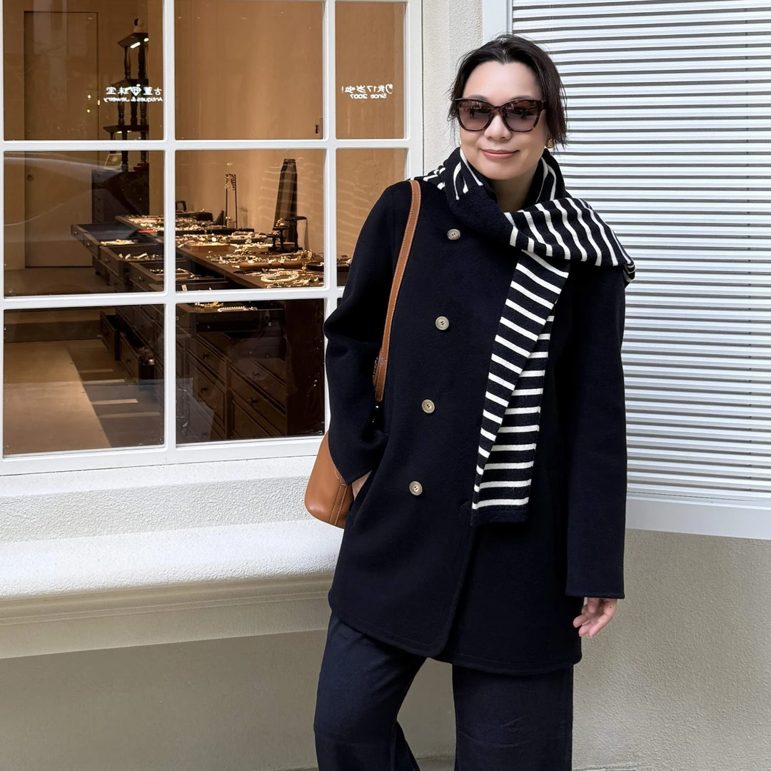 Ms.Qnn“经典杨树林”10羊绒90羊毛藏蓝色系英伦复古大衣52C691 Q姐