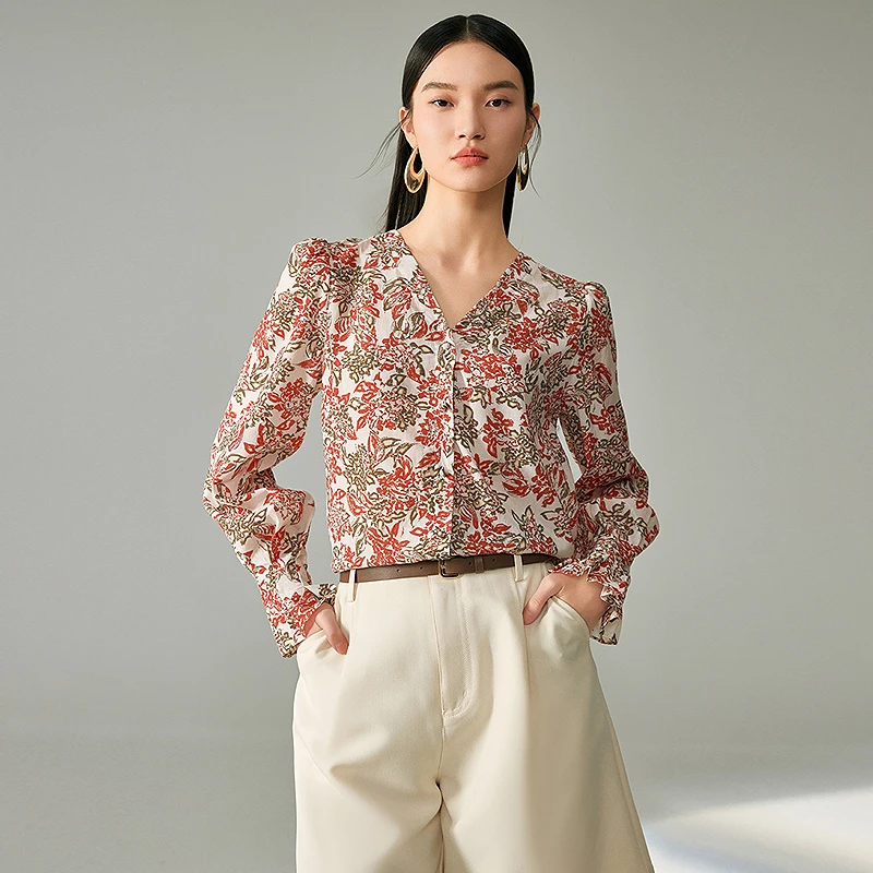 《力力淘专享》MOFAN摩凡春新款桔色花纹衬衫MBX474095