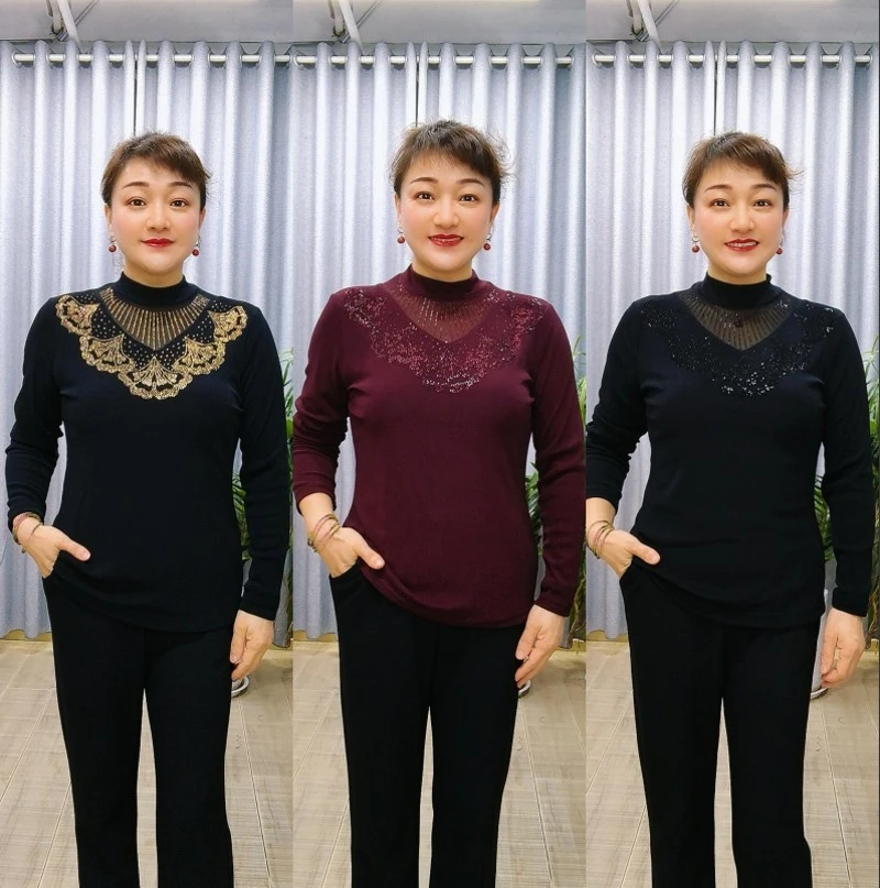 秋季上新半高领镂空长袖亮钻妈妈装体恤打底衫2565