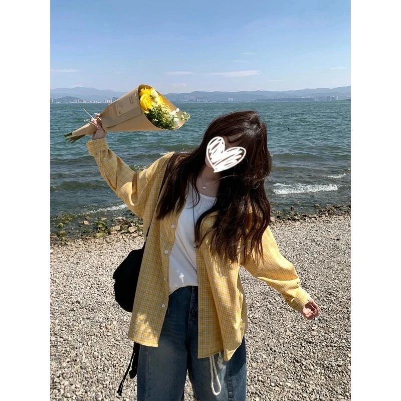 韩版时尚格子衬衫外套女夏季复古贲松慵懒风百搭衬衣开衫