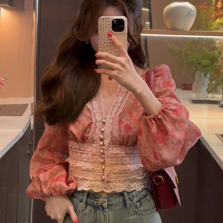 子芸定制【矜持】蕾丝设计感长袖气质时尚复古上衣女春季碎花衬衫