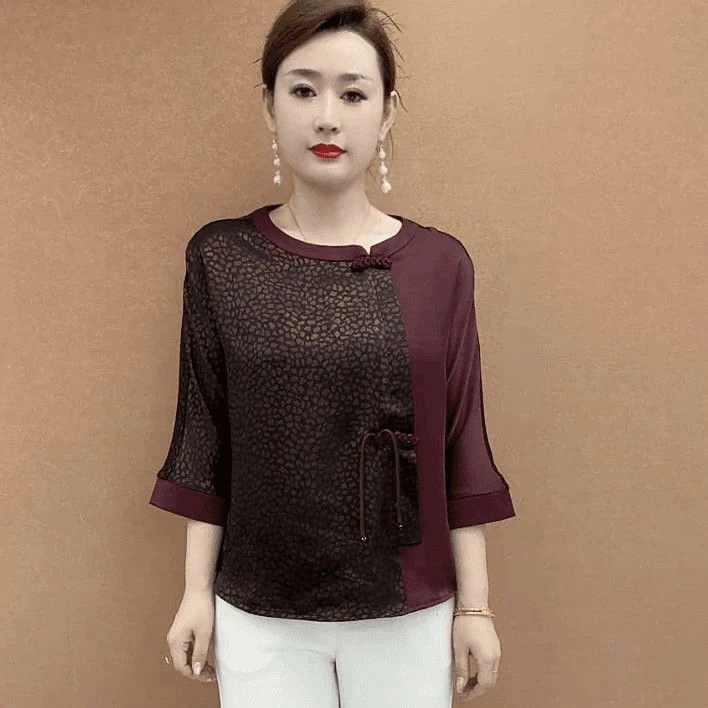 2025夏季新款设计感拼接新中式盘扣宽松遮肚子显瘦圆领套头衬衫女