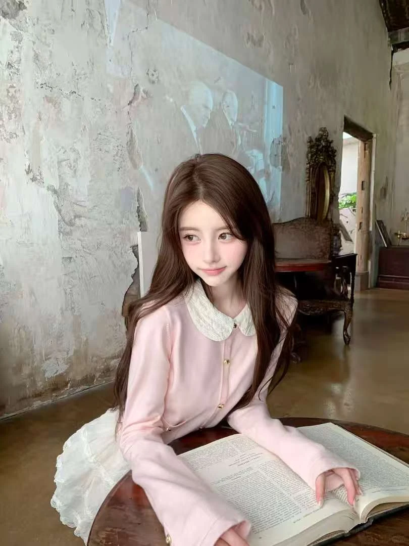 【奶油小熊】韩系甜美少女2025早秋小香娃娃领针织上衣显瘦短裙套装