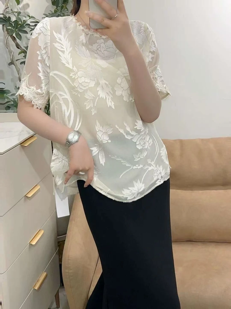 MM M胸100长62亮片重工提花刺绣蕾丝拼接高级感短袖衬衫上衣 1032