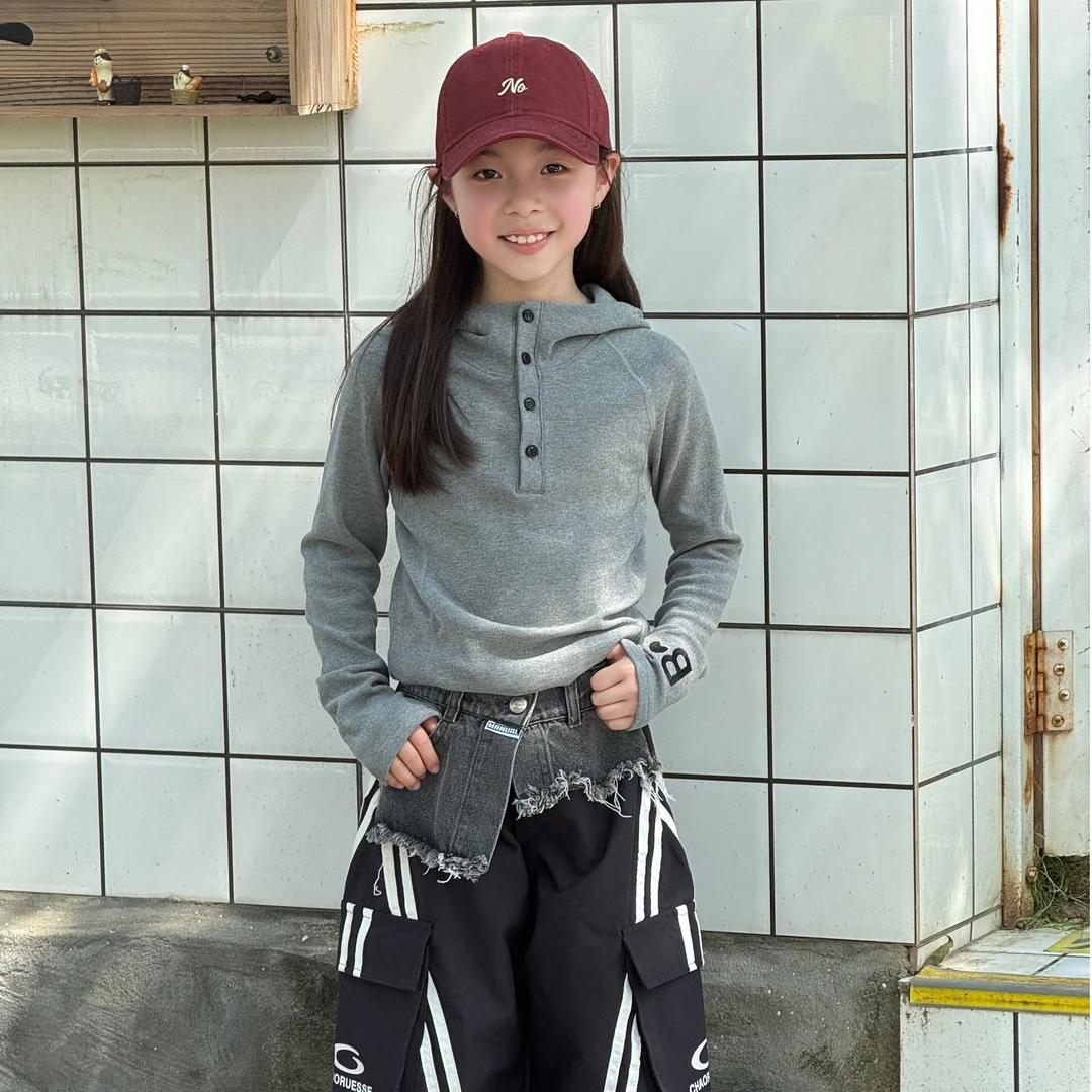 KIKIAND中大童秋季套头女童洋气休闲风双面澳绒连帽打底衫