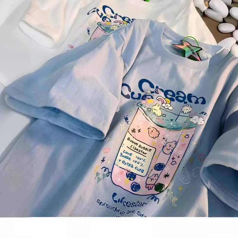 「甜趣奶杯」可爱清新2025夏季大码女装纯棉短袖T恤百搭休闲甜美