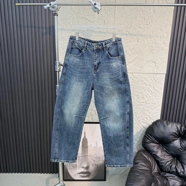 潮牌高端做旧弯刀直筒轻奢水洗蓝色百搭时尚个性牛仔裤男士7302