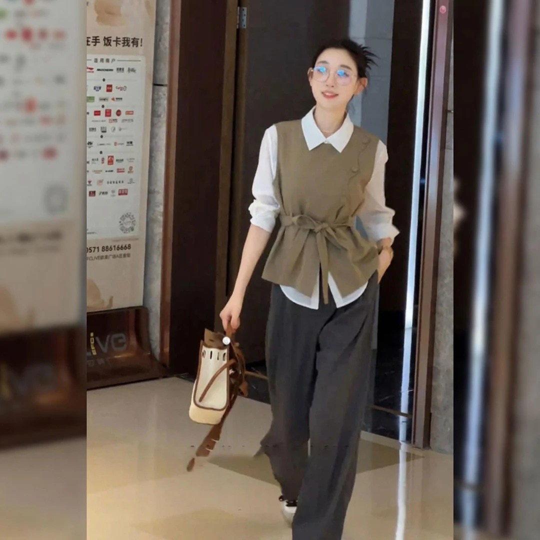 2025秋装新款早秋时尚白色长袖防晒衬衫叠穿马甲上衣短衬衫衬衫女