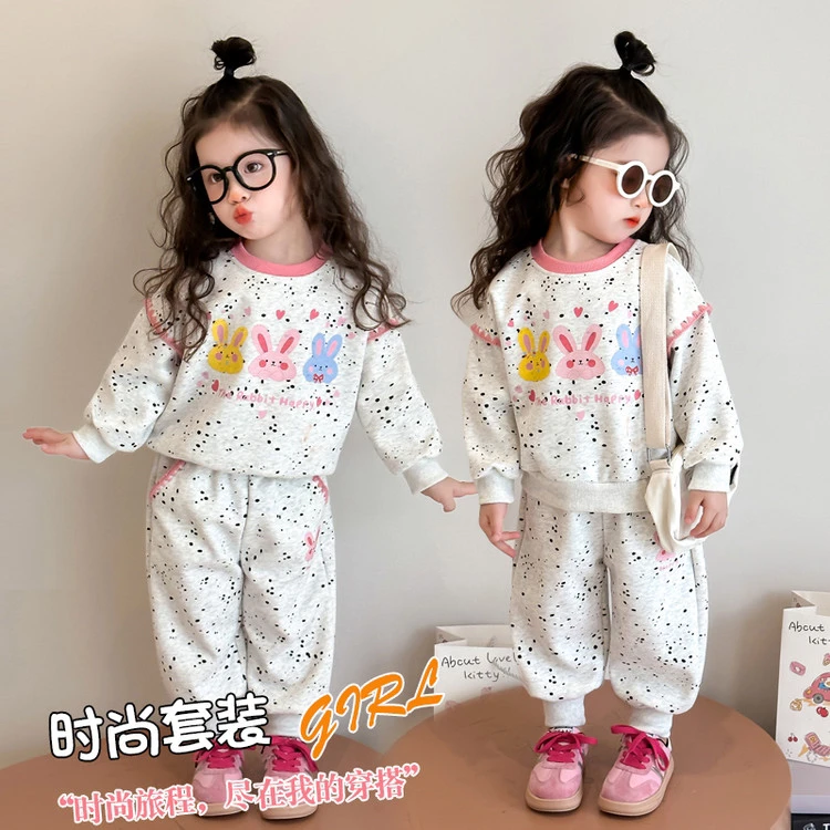 女童春季新款时髦套装女宝宝多巴胺拼色彩色小兔韩版宽松卫衣套装