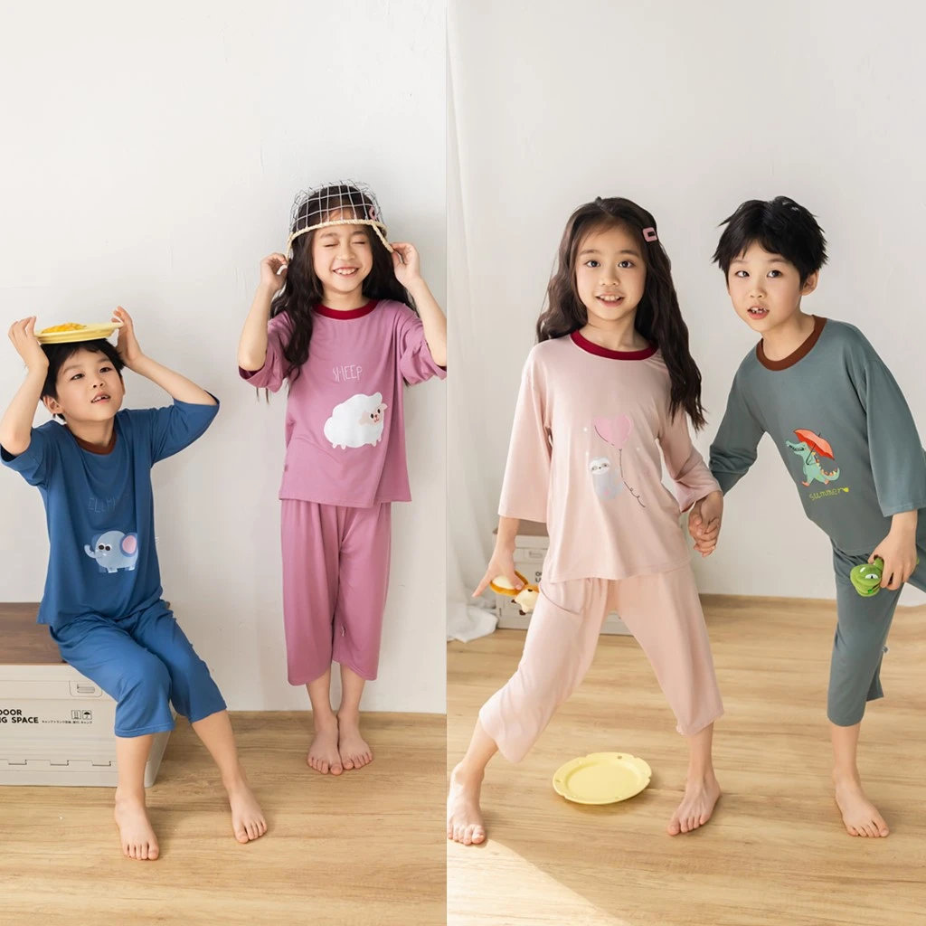 儿童女童男童莫代尔新款家居服套装短袖七分睡衣夏季薄款空调服