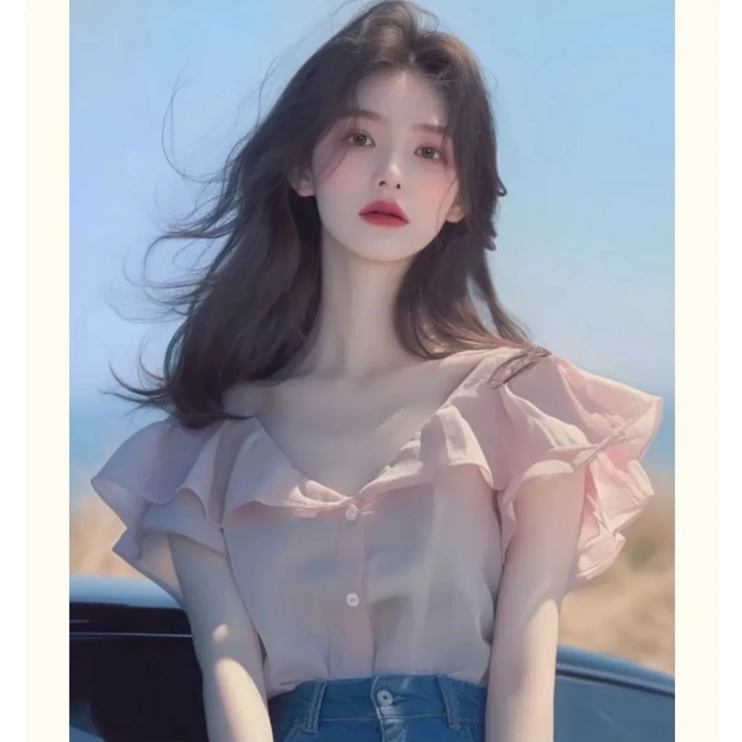 韩系甜美粉色小衫女2025夏季新款设计感小众独特荷叶边V领衬衫