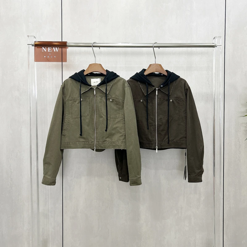 Aura mode秋季新翻领复古色做旧夹克上衣女可拆卸连帽外套96201