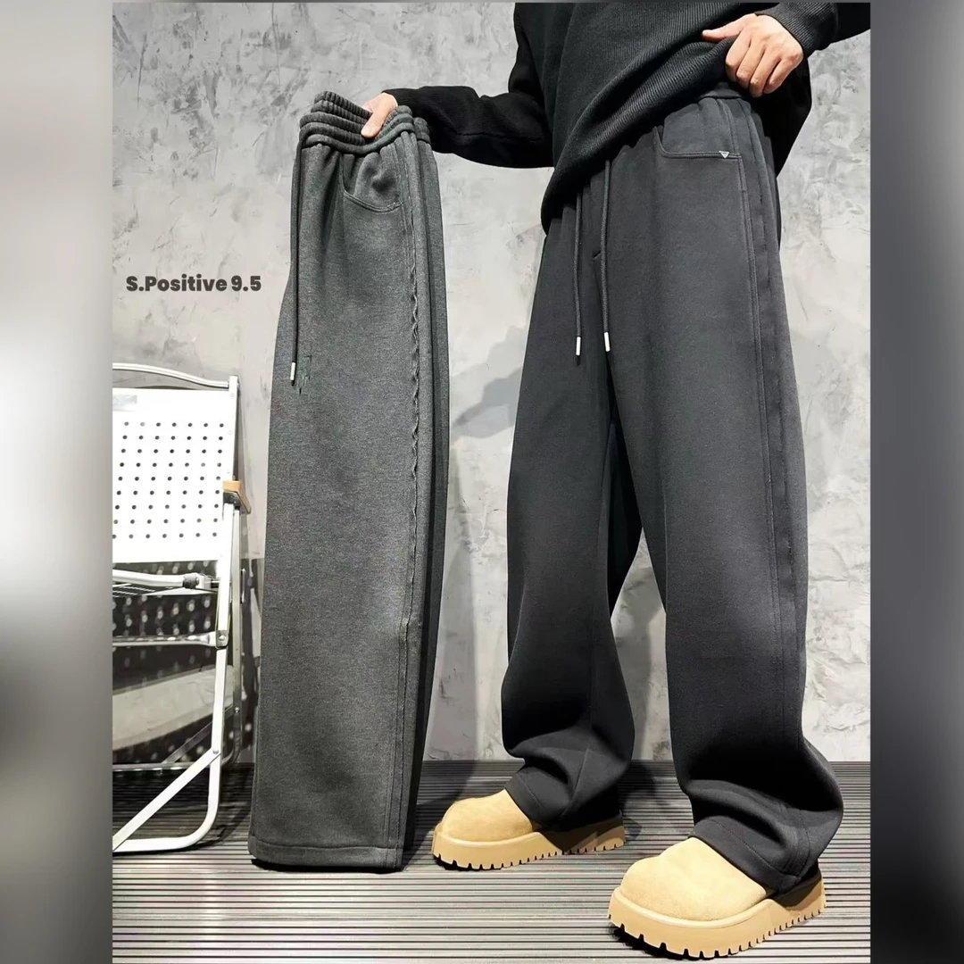 【暗暖】秋冬加绒男老钱风痞帅垂感阔腿裤宽松复古醋酸羊毛呢拼接