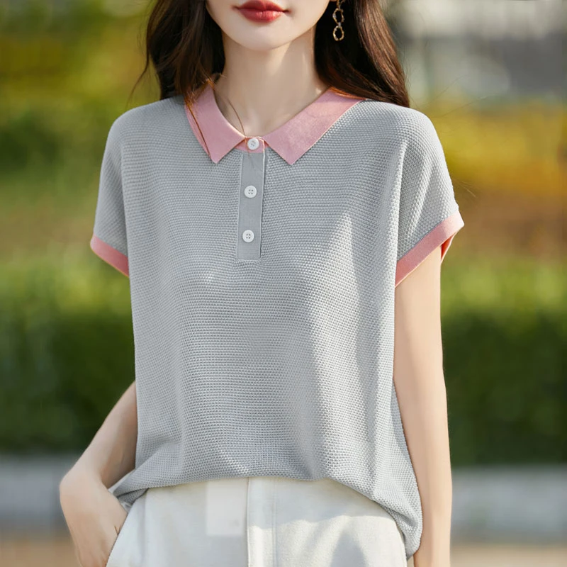 2025新款撞色娃娃领针织衫飞飞袖夏季显瘦T恤翻领短袖