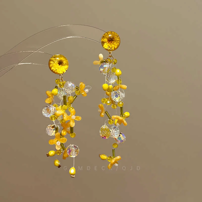 铜合金仿水晶耳饰 超仙黄色小雏菊流苏串珠耳钉高级长款百搭耳饰