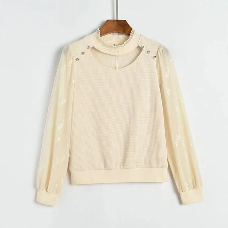 X029套头羽毛钉珠女士秋季印染长袖常规款荷叶袖春季小衫