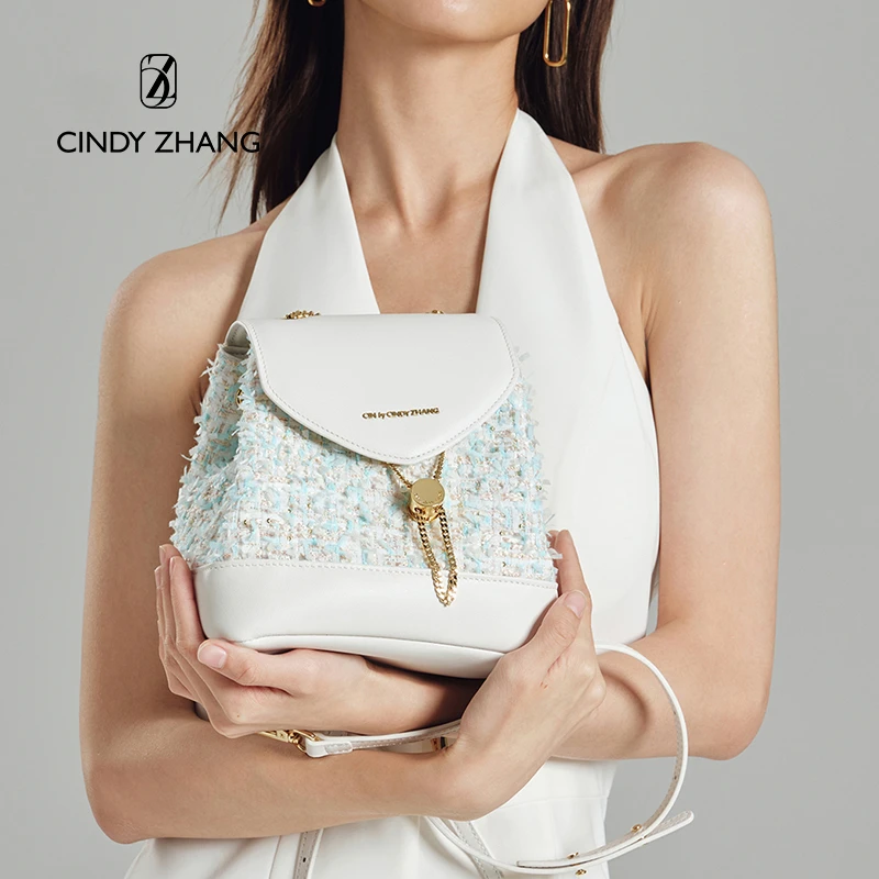 CINDY ZHANG英国设计师英伦格纹小香风牛皮双肩后背包小众撞色包