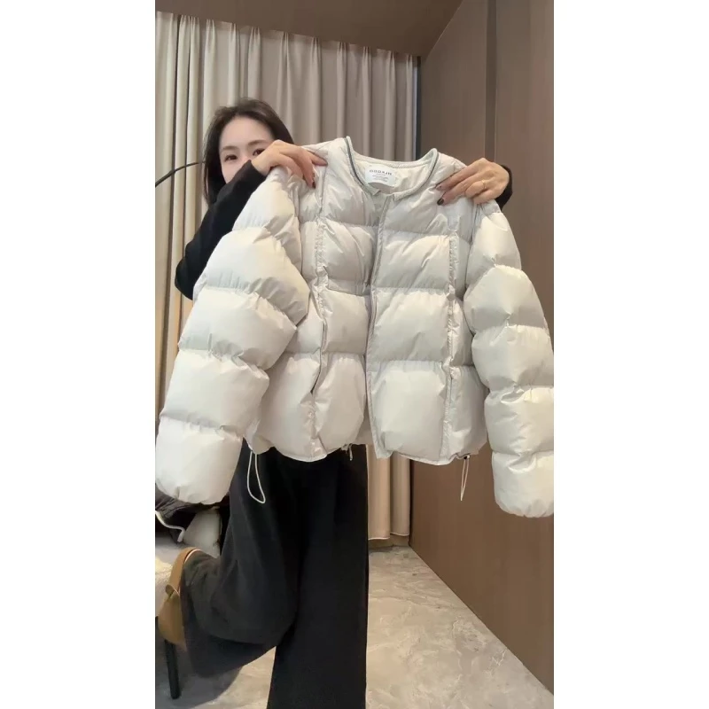 设计感方格圆领百搭长袖保暖面包服女款2025冬季新款休闲棉衣外套