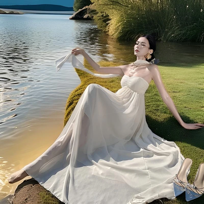 法式名媛高级感气质抹胸性感露背度假风超仙感微透雪纺长款大摆裙