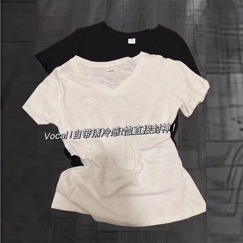 2025夏季新款竹节棉短袖T恤女修身韩版内搭打底衫V领正肩甜辣上衣