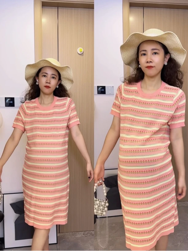梨形身材穿孕妇装夏装新款短袖条纹针织长裙显瘦百搭孕妇连衣裙潮