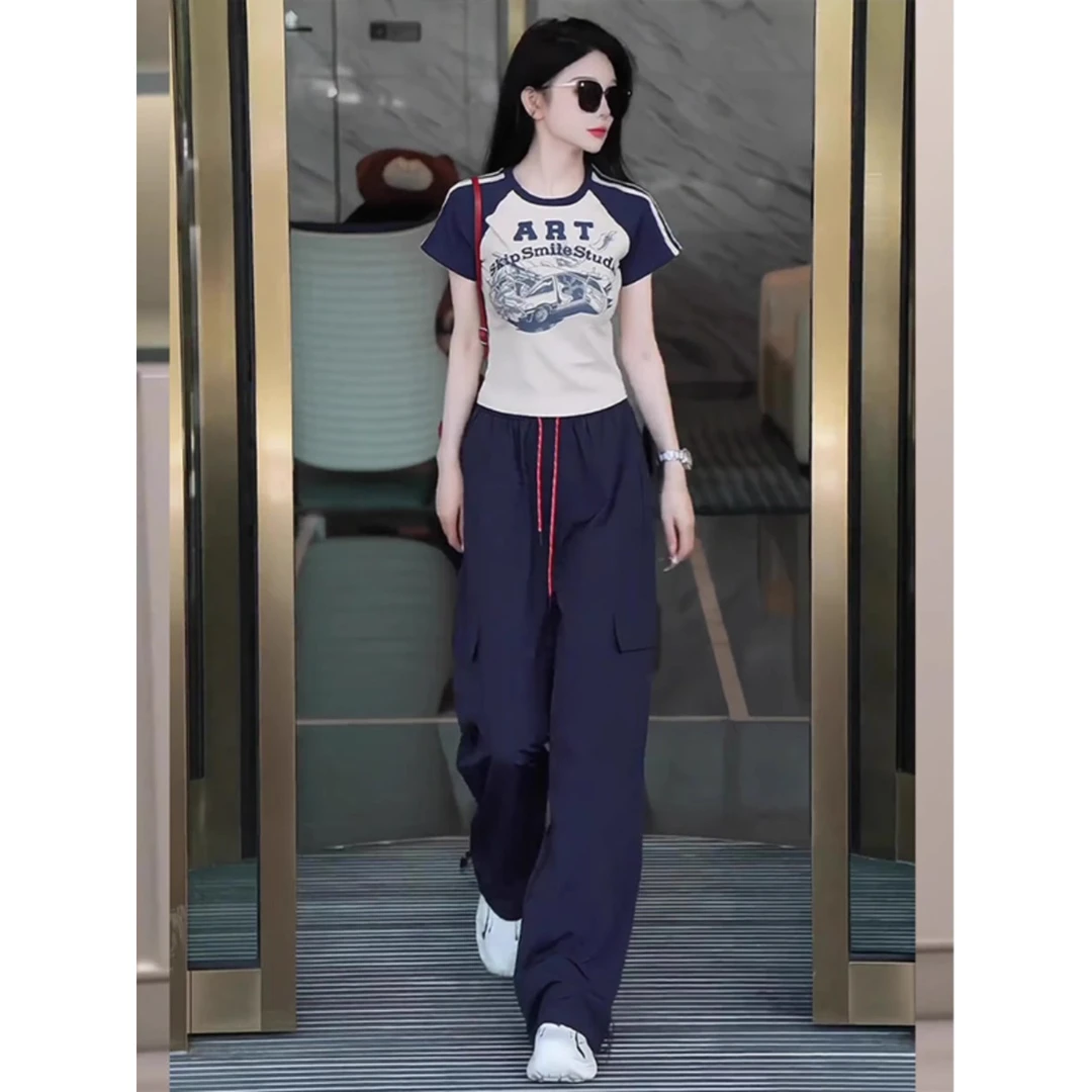 2025新款时尚洋气显瘦欧货潮流短袖工装阔腿裤两件套运动套装女夏