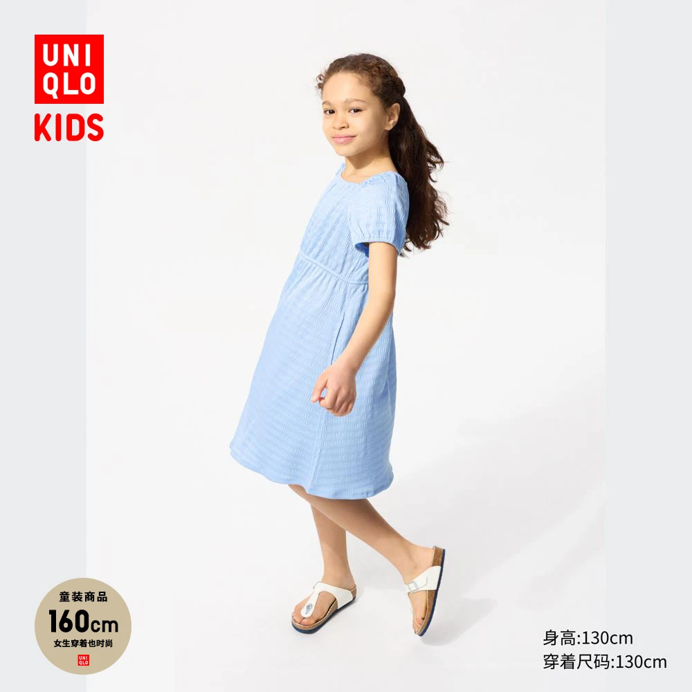 优衣库童装女童泡泡袖连衣裙短袖裙子收腰公主风480292