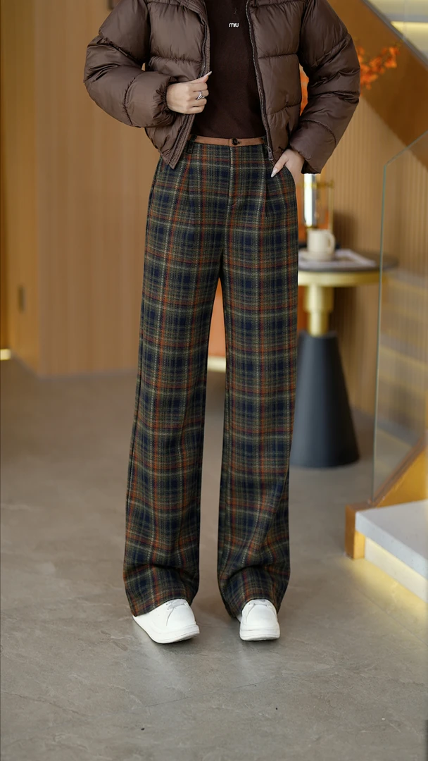 阔腿裤秋冬复古修身拼接时尚休闲风保暖休闲裤高腰