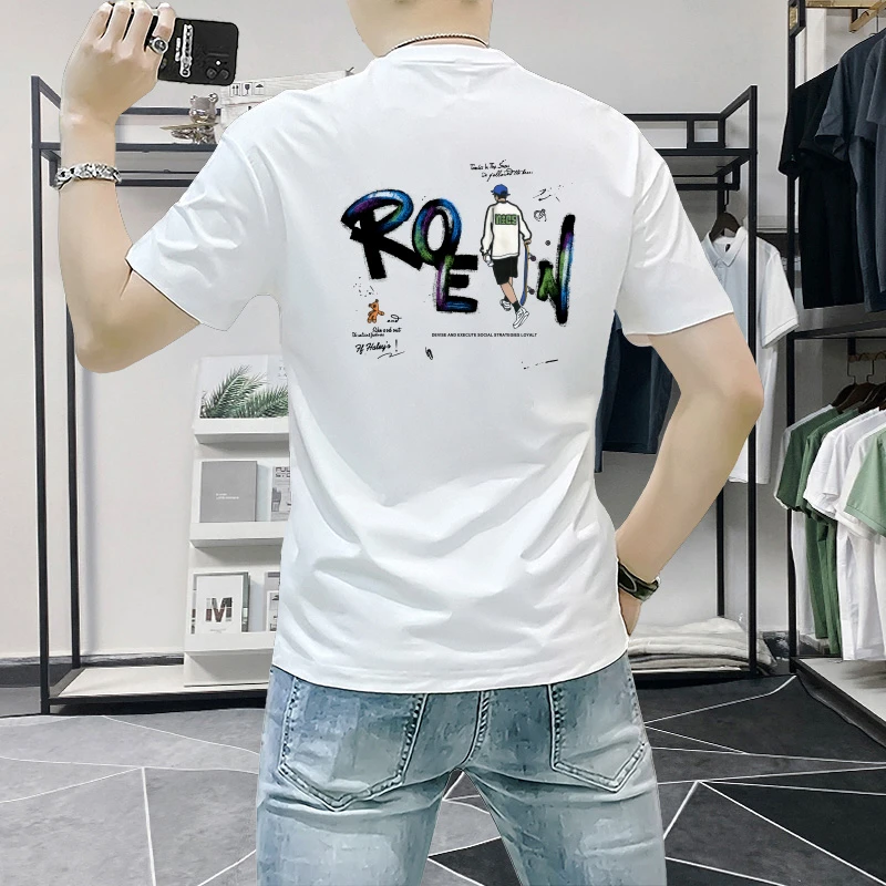 男士短袖t恤夏季潮牌男装休闲时尚印花半袖男体恤ins修身百搭圆领