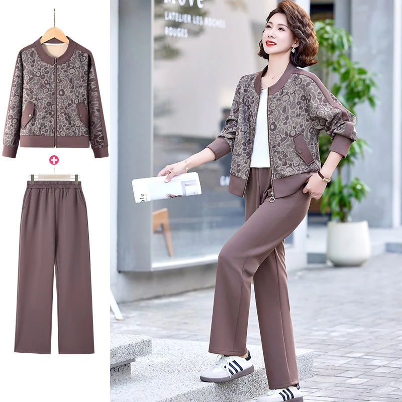 妈妈装春秋运动套装阔太太时髦服装气质装中老年女装秋装外套裤子