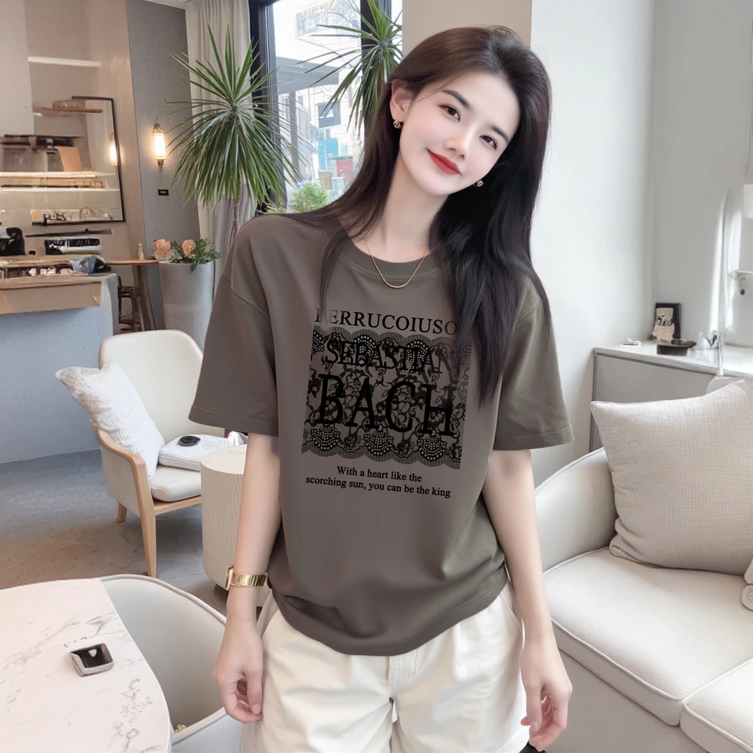 李西西【巴黎蕾丝】纯棉时尚短袖T恤休闲显瘦印花圆领休闲百搭上衣