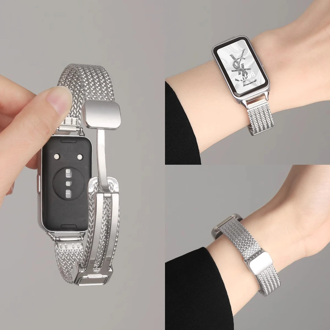 适用华为手环10新款爱心纹磁吸表带9金属折叠扣8麦穗编织替换腕带