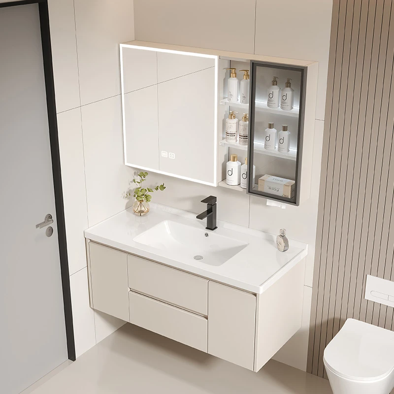 110-120大尺寸带抽屉卡其浴室柜卫生间高温陶瓷一体盆台面洗手盆