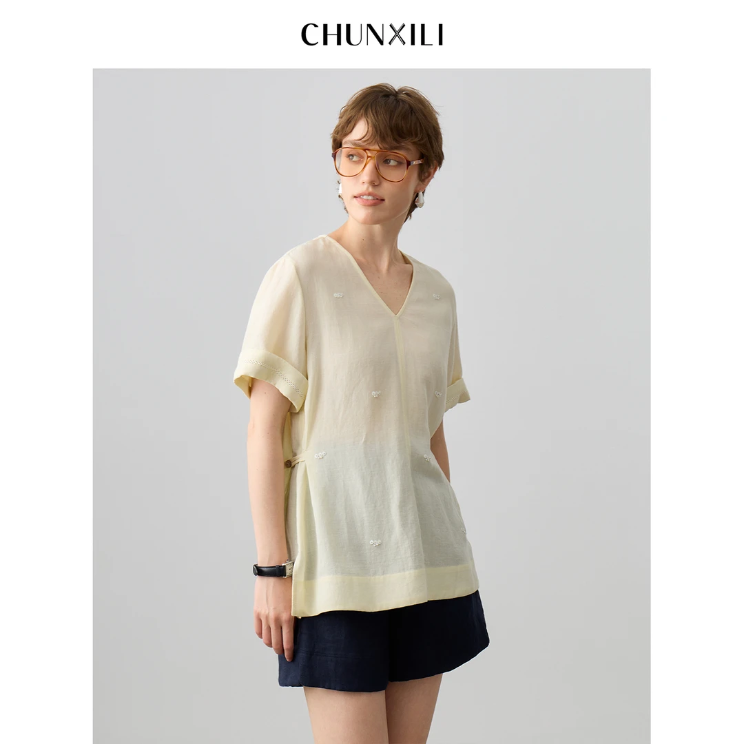 CHUNXILI/春熙里 夏季V领极简短袖衬衫D04S52066