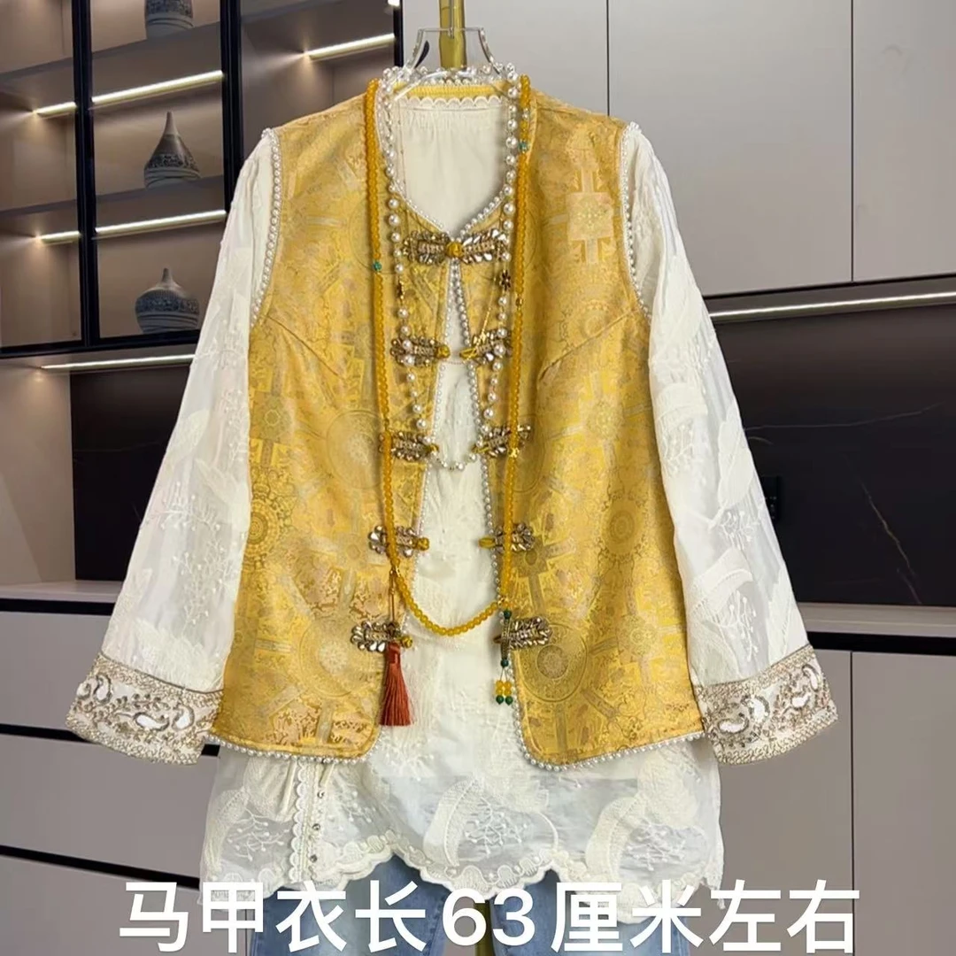 胖MM春季时尚新款重工彩钻提花国风马甲国风新中式