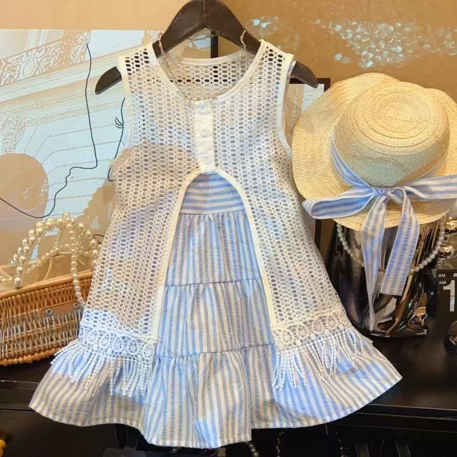2025新款韩版镂空度假开衫吊带条纹长裙夏季连衣裙两件套