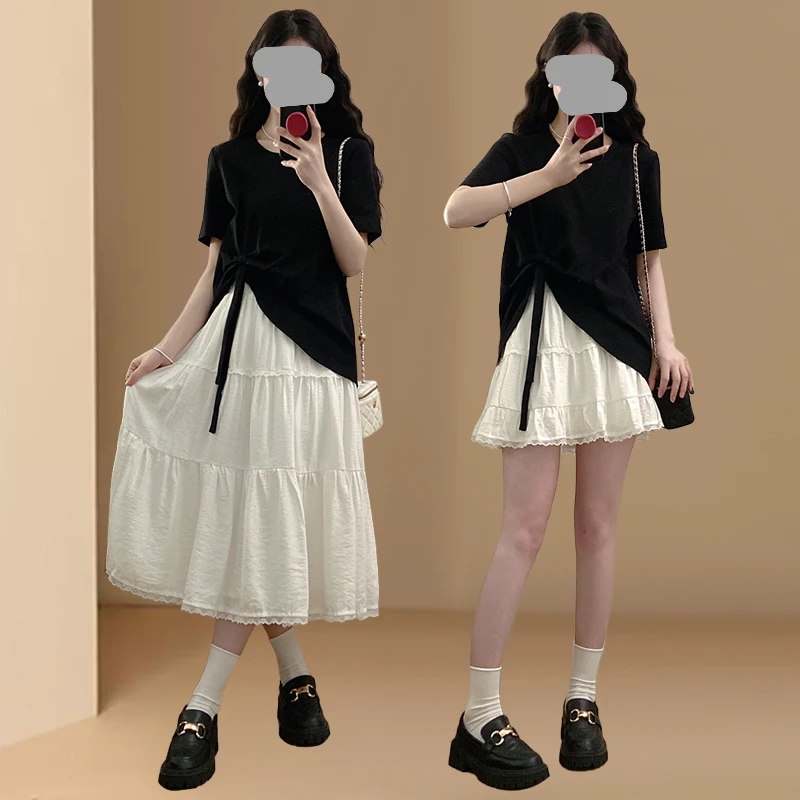 圆领短袖不规则T恤蛋糕裙两件套大码胖mm休闲洋气显瘦套装女夏季