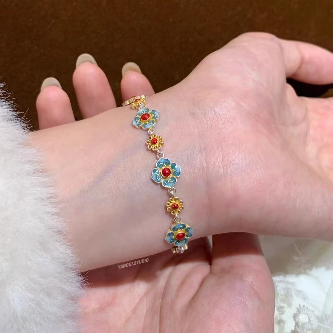 C74【约10g约21厘米】 9999珐琅彩如意花宫廷风手链A77B8