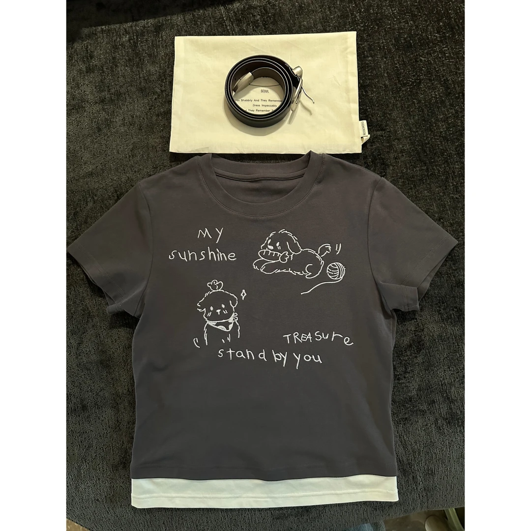 bala&mangosteen 韩代  两只小狗刺绣撞色短袖 T 2025ss