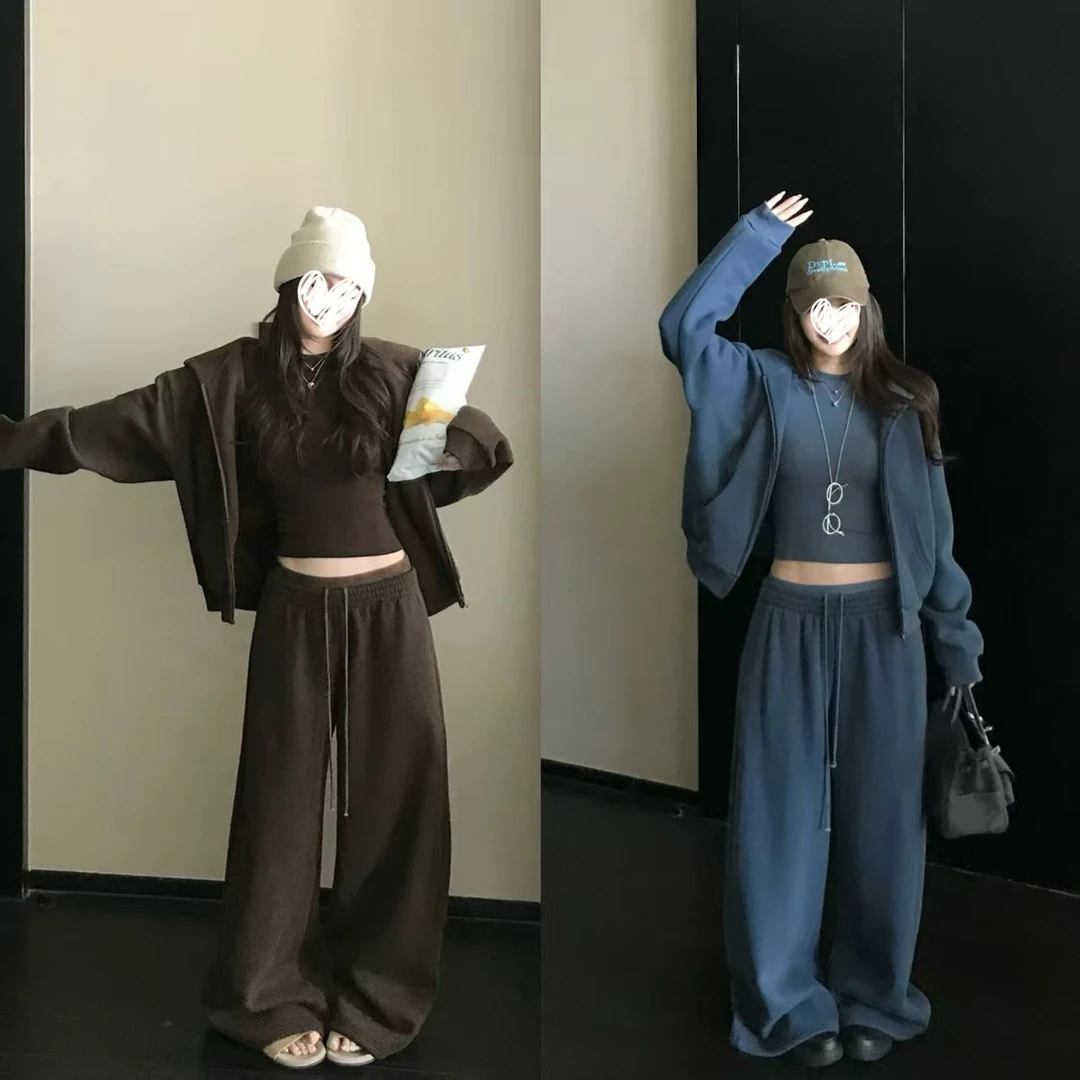 早秋松弛慵懒纯色外套+修身显瘦打底衫+宽松阔腿裤套装  60022