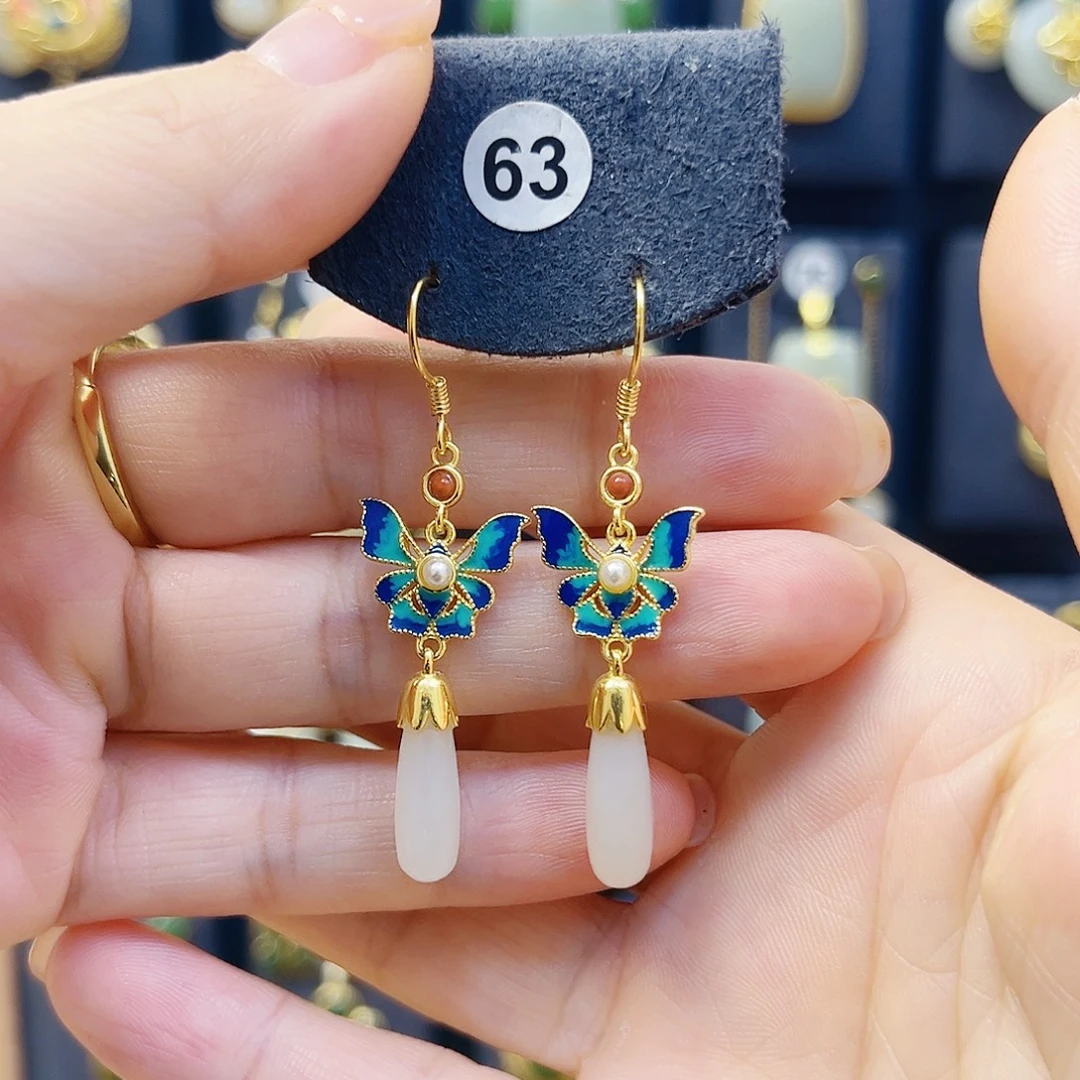 和田玉银S925镀金镶嵌耳饰