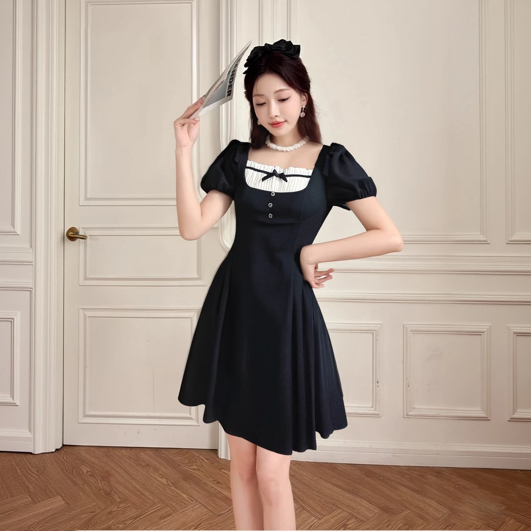 A法式赫本风黑色连衣裙女夏季甜美初恋收腰a字百褶裙公主裙D0836