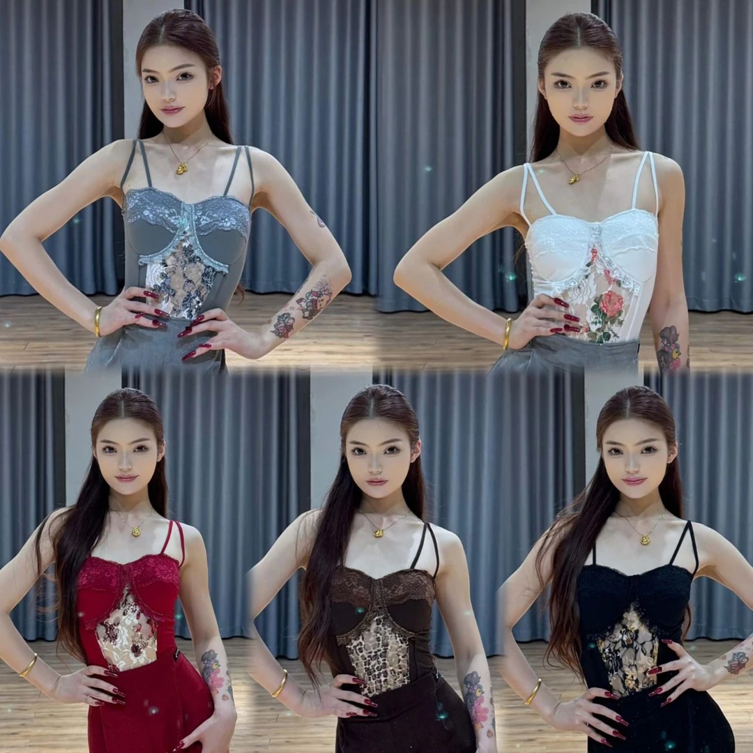 鲸艺Dance新款J171五色吊带蕾丝拼接拉丁摩登专业上衣练舞教课