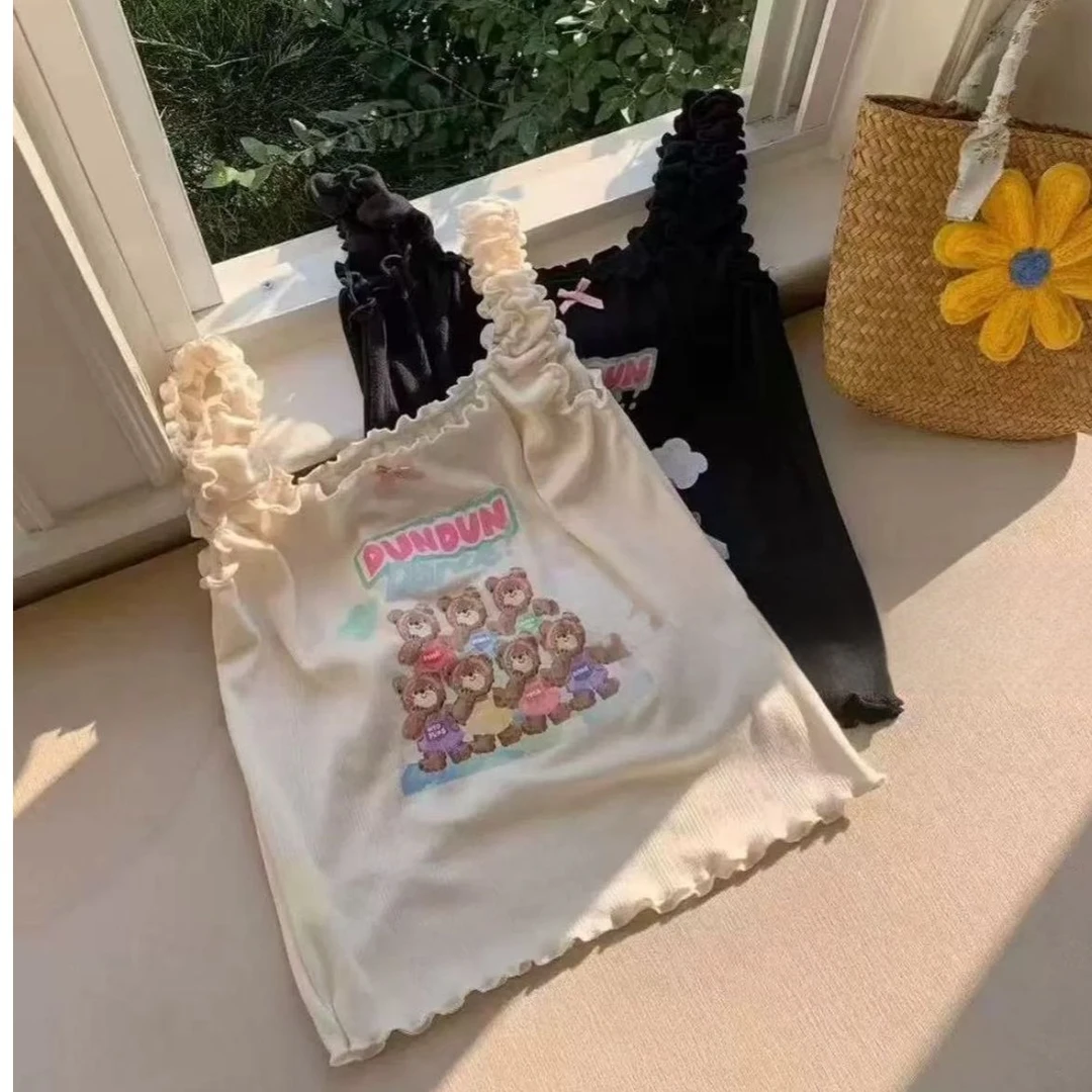 胖鑫家【七只小熊】奶呼呼木耳边吊带背心女夏外穿显瘦短款无袖2572