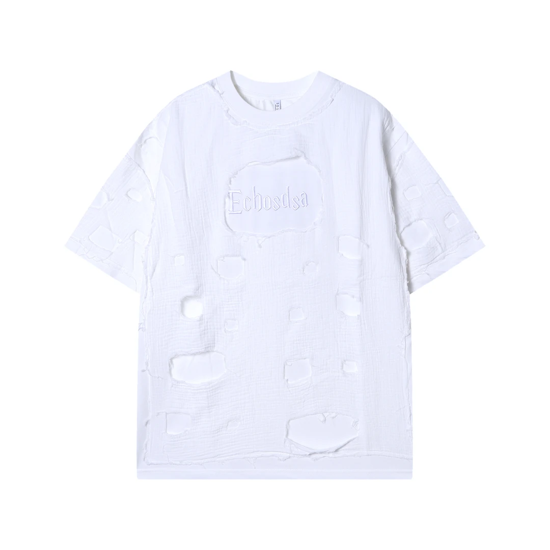 7115潮流新款做旧破洞拼接男士短袖百搭刺绣字母上衣宽松小众T恤