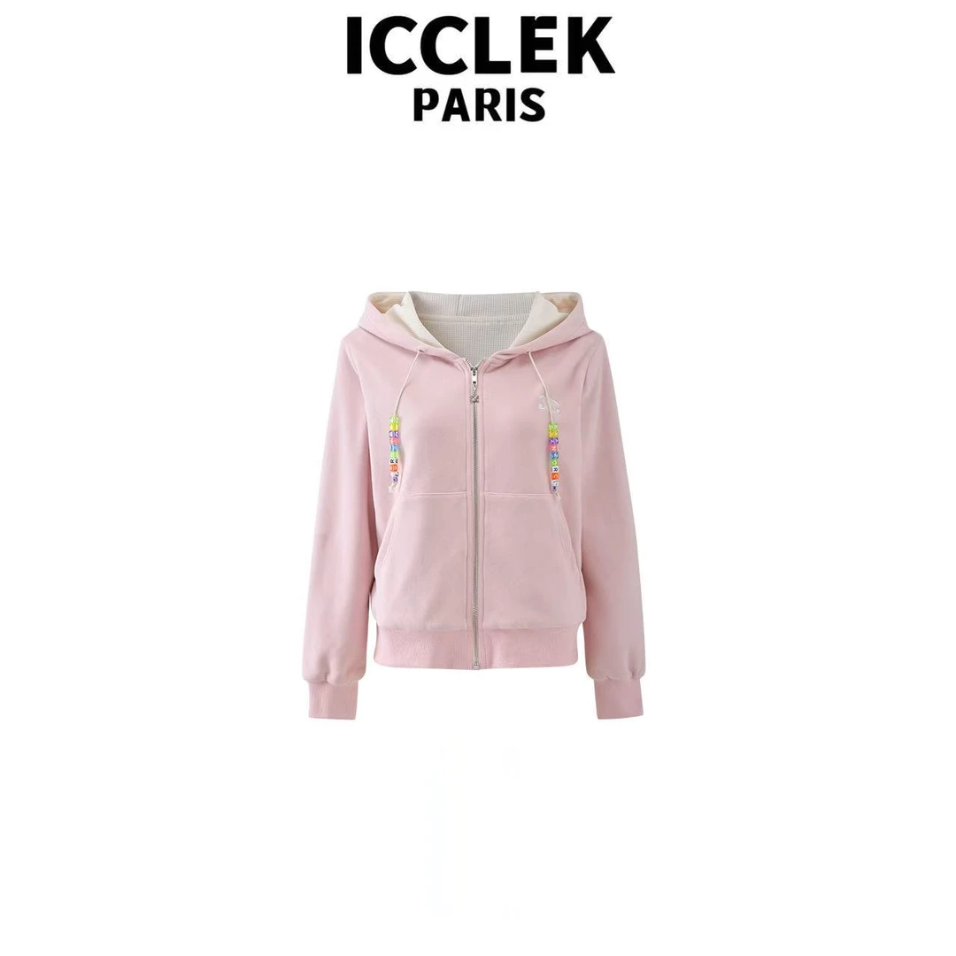 ICCLEK 粉色连帽长袖针织衫气质轻奢名媛百搭显瘦外套-9026