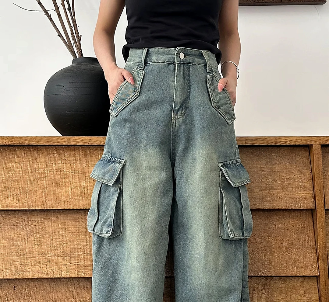 美式复古工装牛仔裤女夏季2025年新款高腰显瘦宽松直筒长裤
